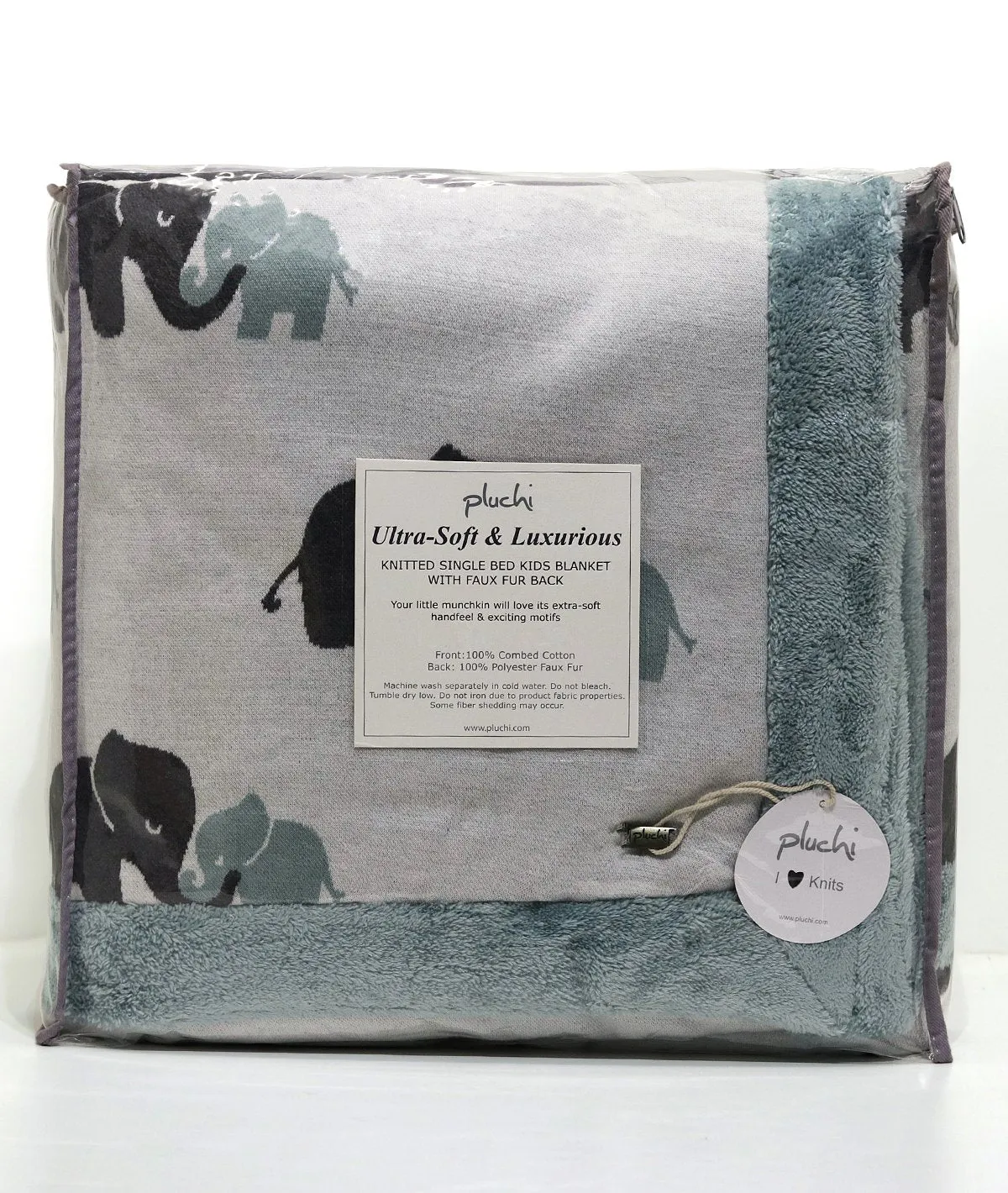 Indian Elephant -Ivory & Indus Blue Color Cotton Knitted Blanket with Faux Fur Back for Kids