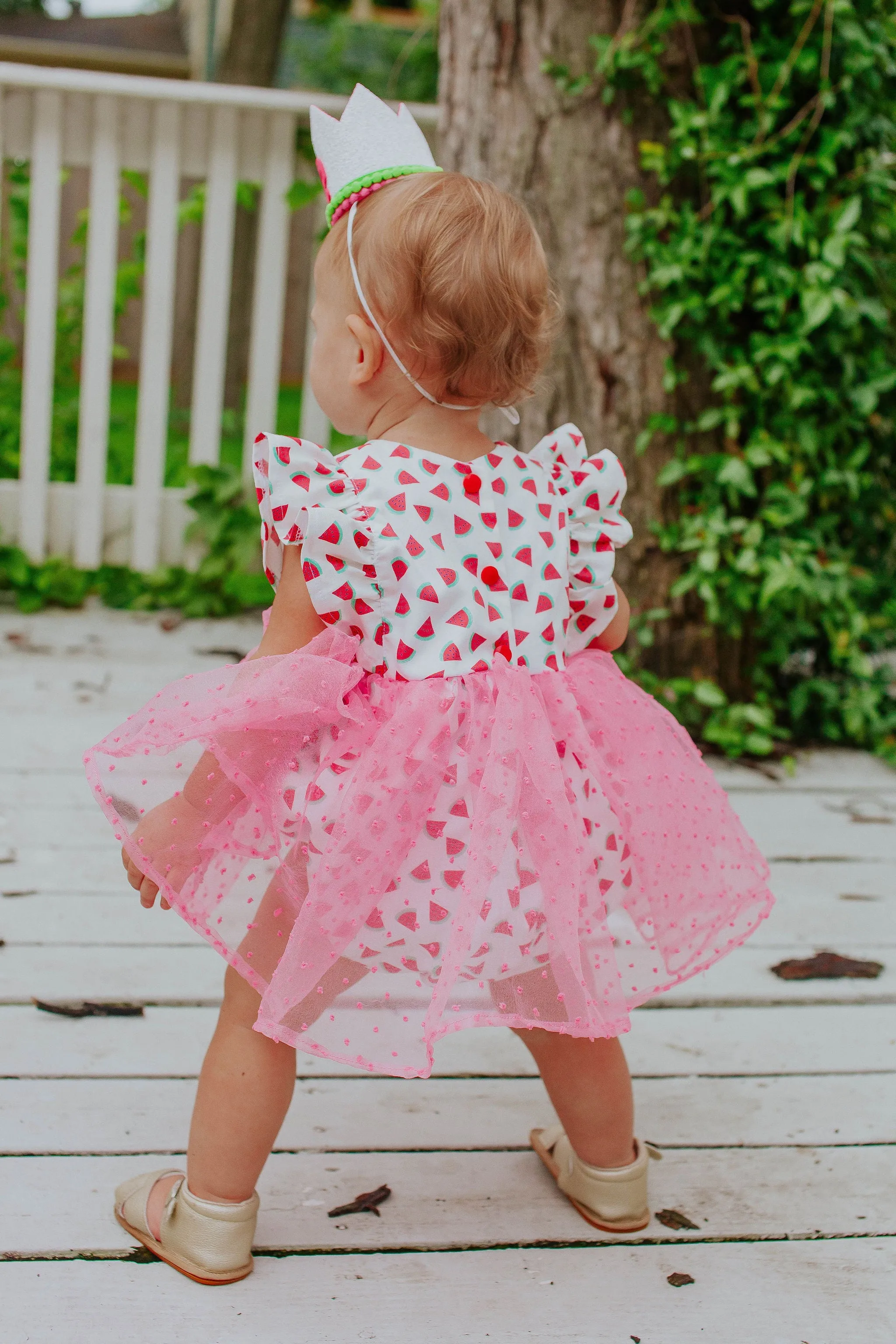 Infant Girl's Watermelon Print Cotton Bubble Romper with Tulle Skirt