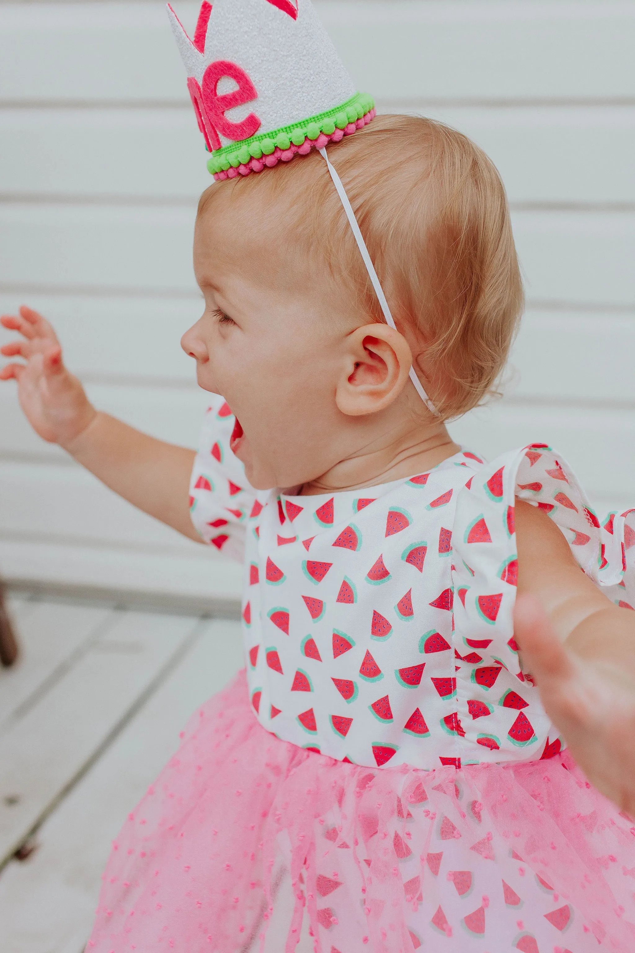 Infant Girl's Watermelon Print Cotton Bubble Romper with Tulle Skirt