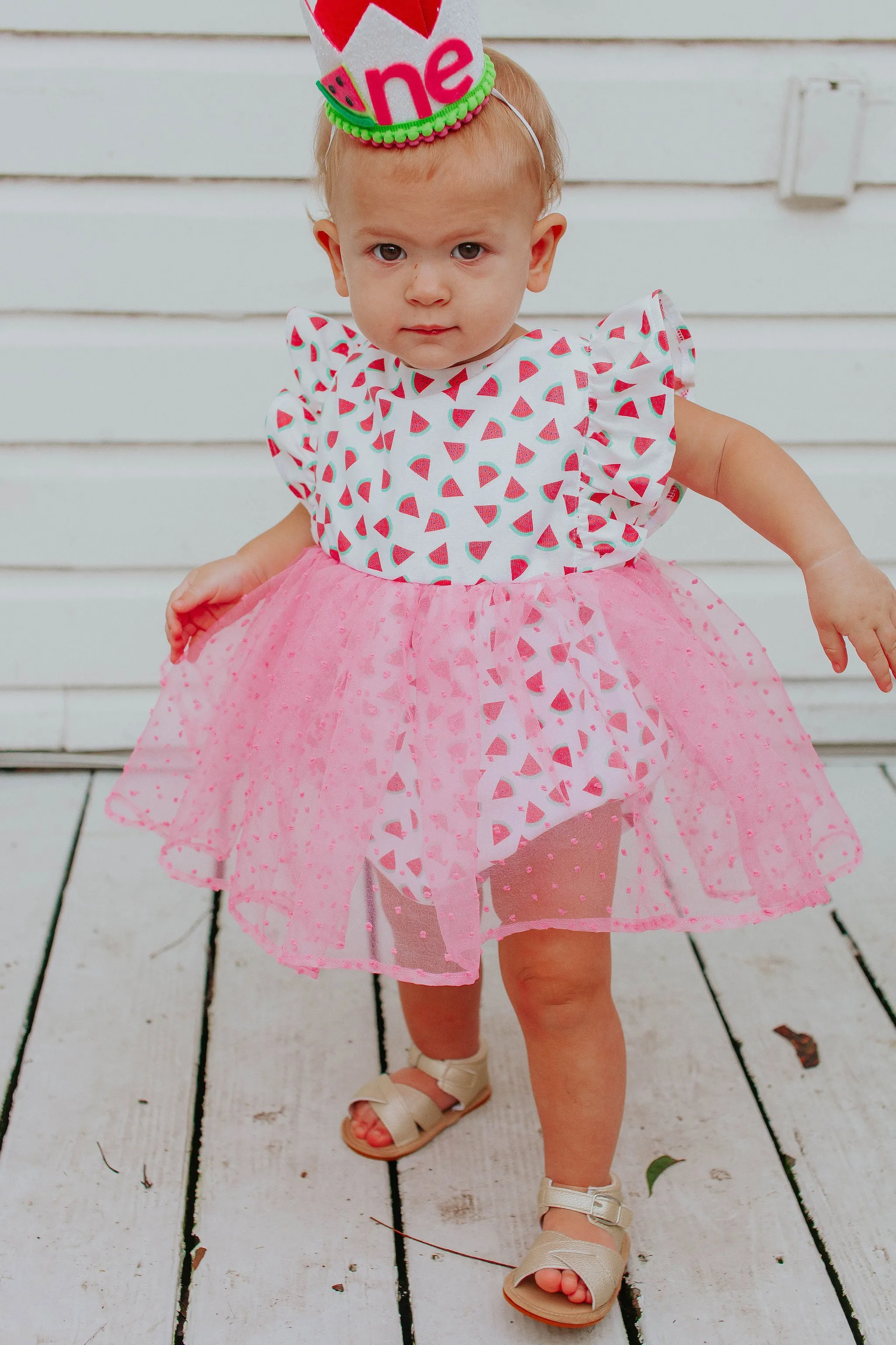 Infant Girl's Watermelon Print Cotton Bubble Romper with Tulle Skirt