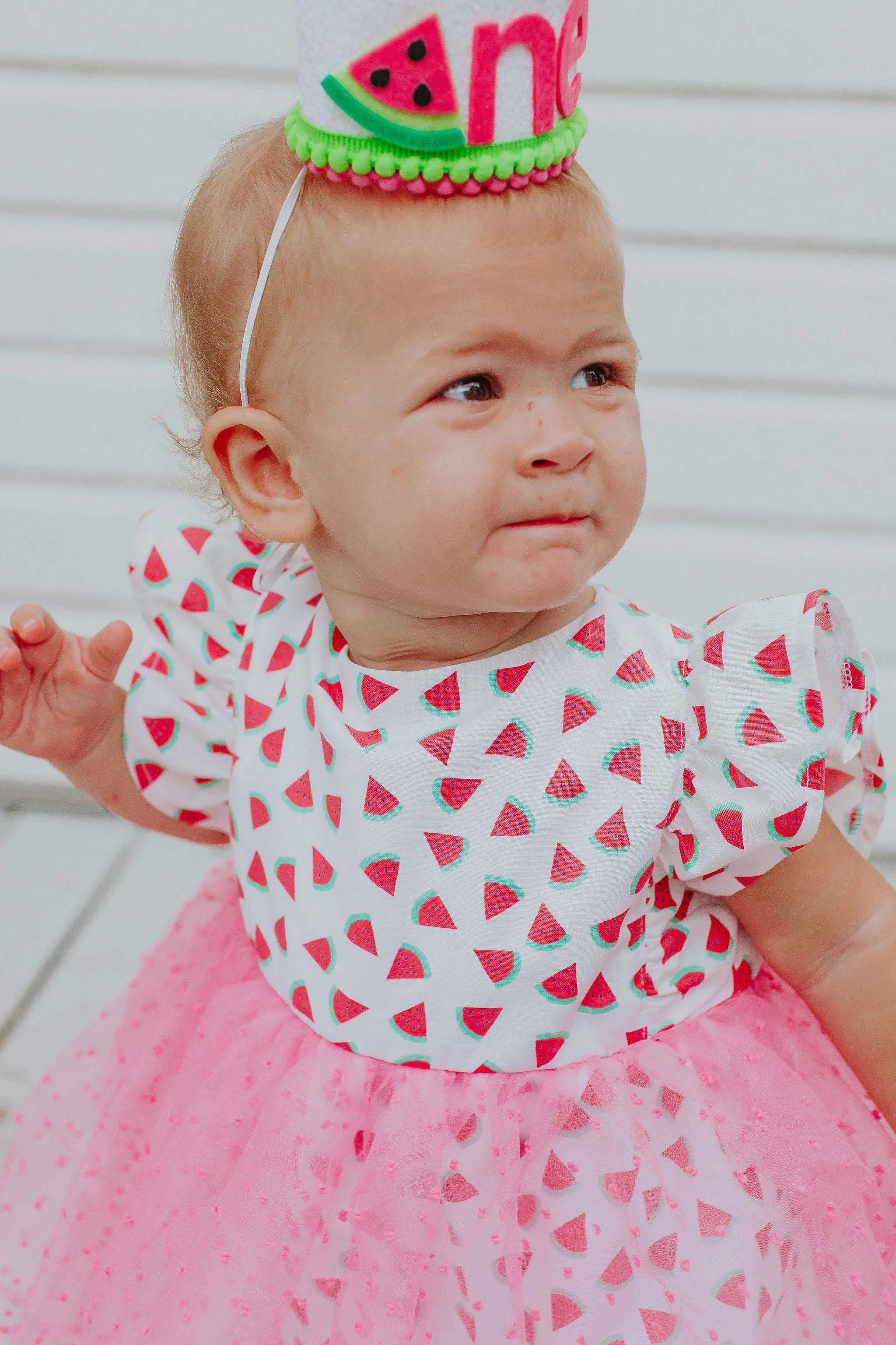 Infant Girl's Watermelon Print Cotton Bubble Romper with Tulle Skirt