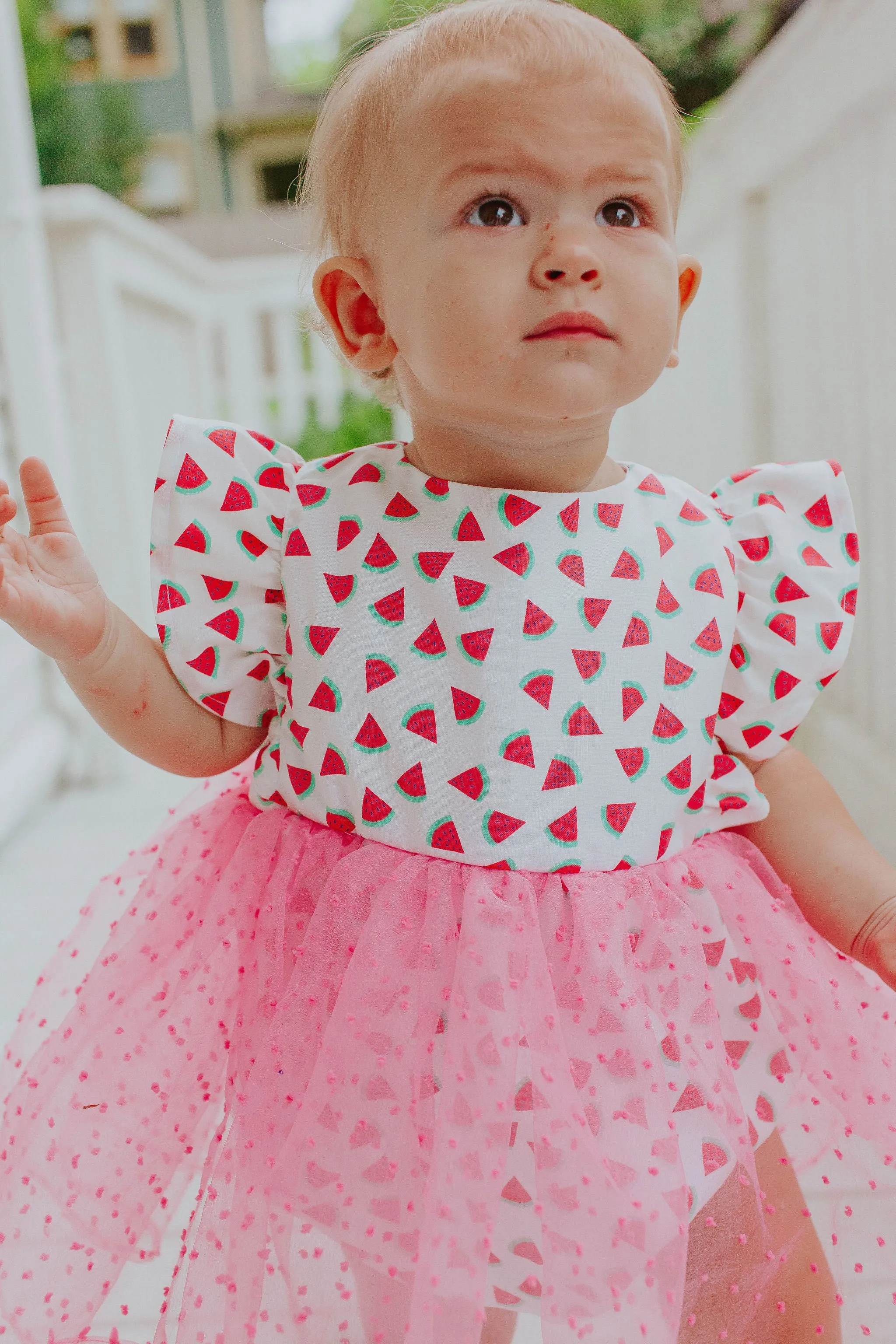 Infant Girl's Watermelon Print Cotton Bubble Romper with Tulle Skirt