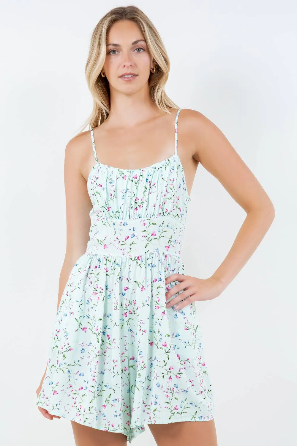 Islands Multi Floral Smocked Back Sleeveless Romper: Pink Floral