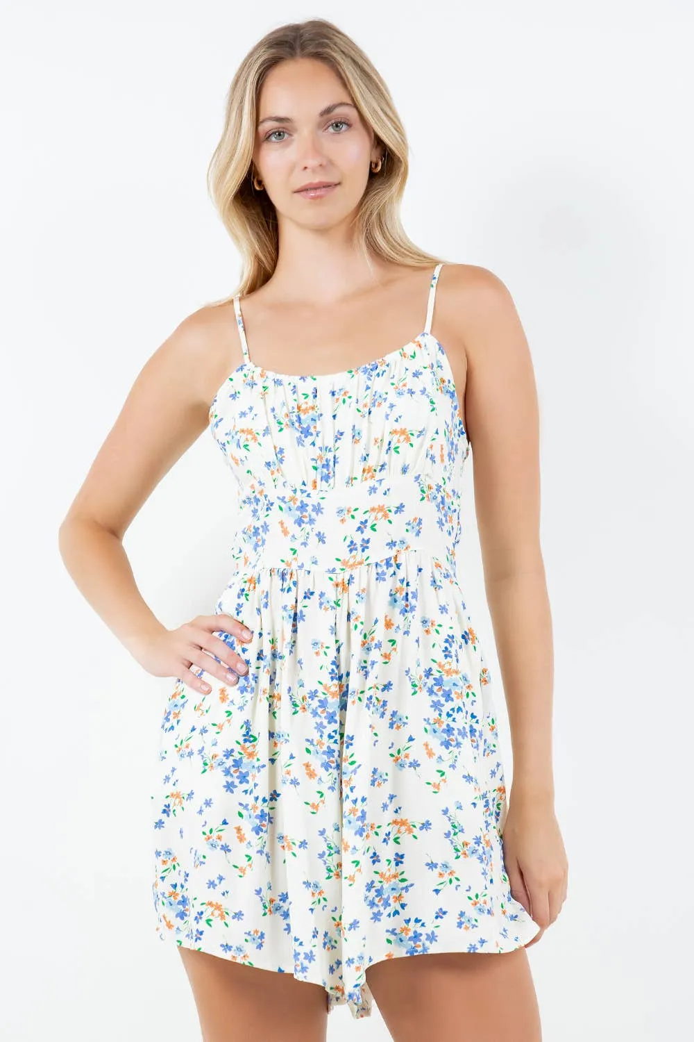 Islands Multi Floral Smocked Back Sleeveless Romper: Pink Floral