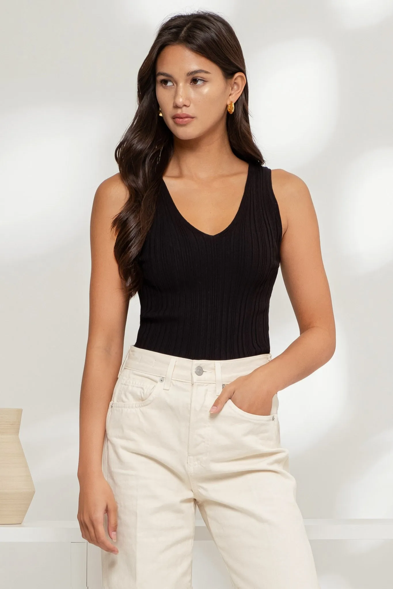 June Sleeveless V-Neck Top, Black