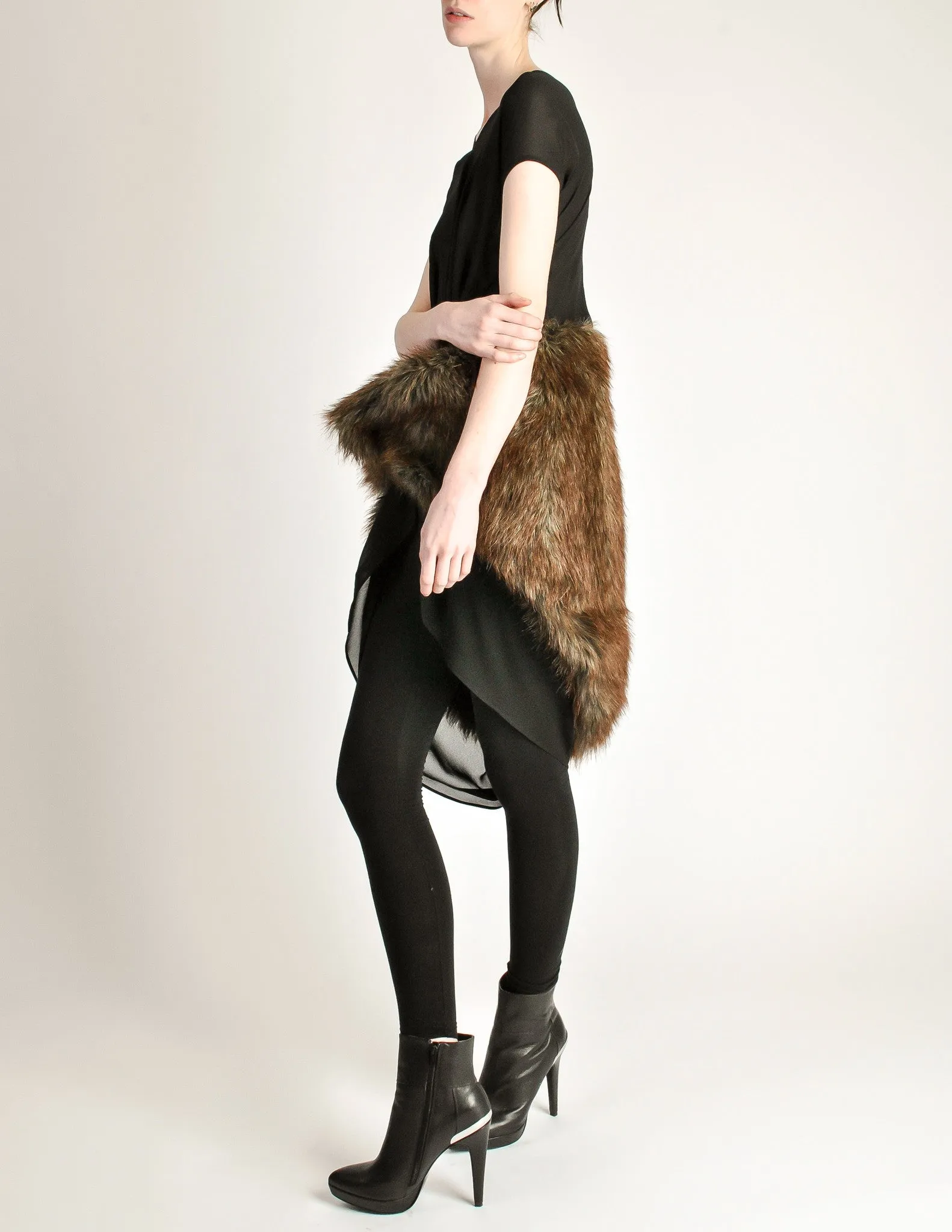 Junya Watanabe Comme des Garcons Black Sheer Brown Fur Dress