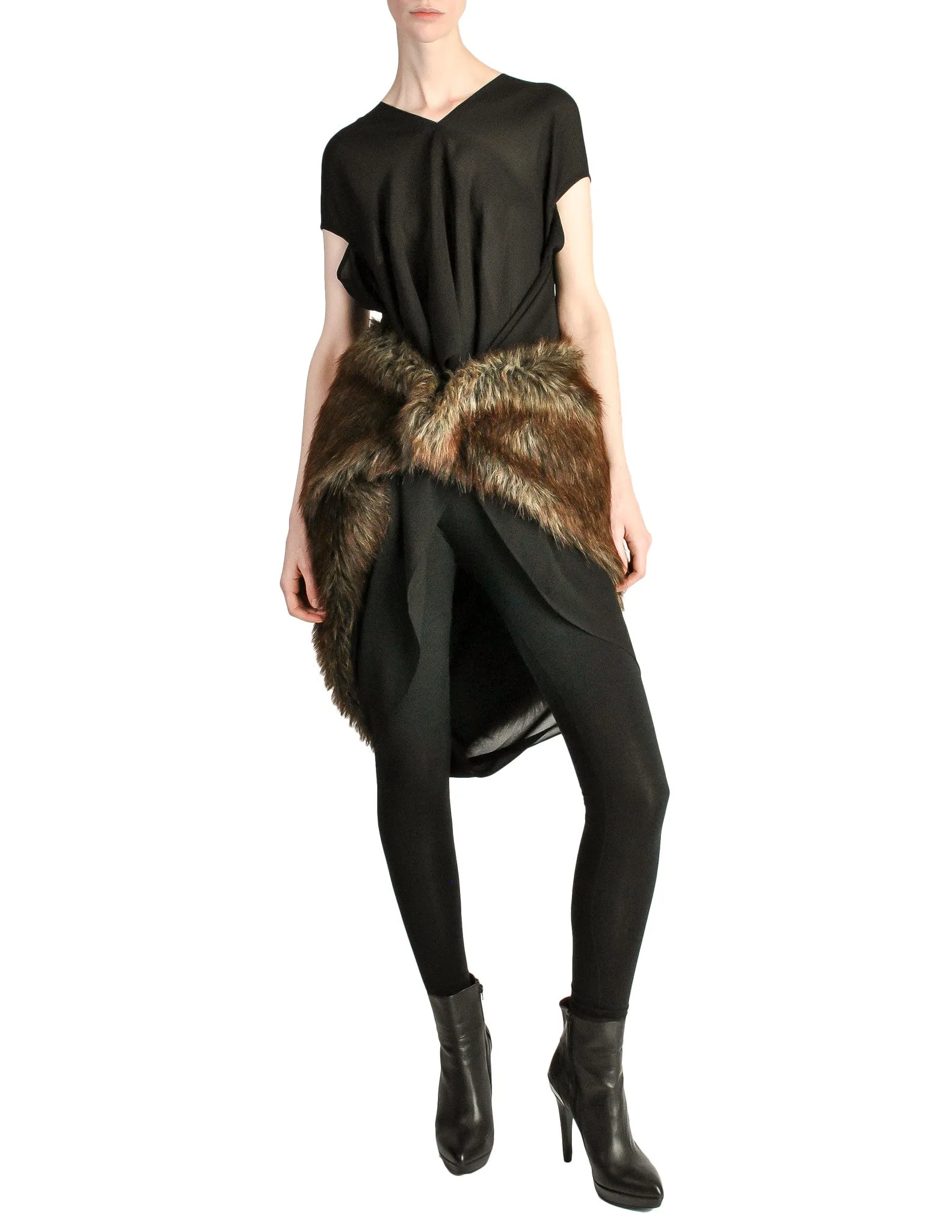 Junya Watanabe Comme des Garcons Black Sheer Brown Fur Dress