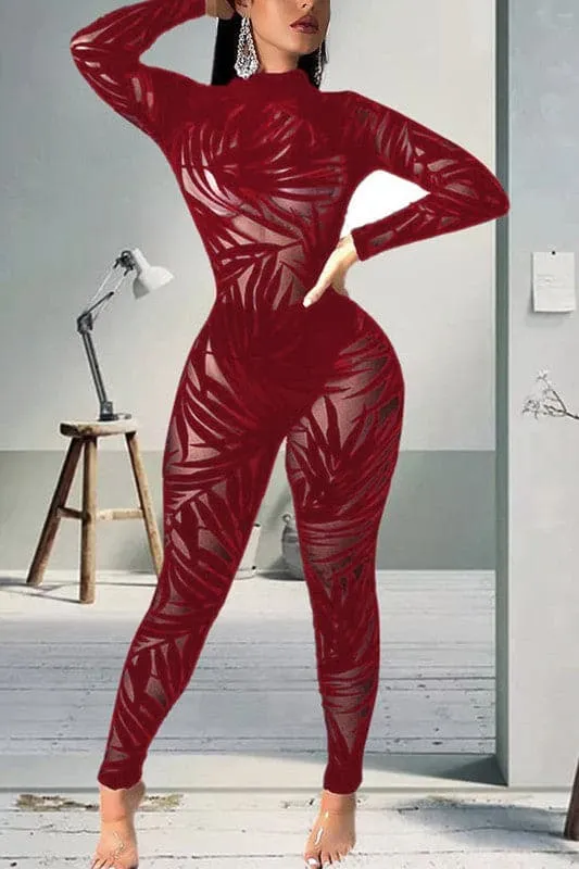 JX098 Mesh Velour Graphic Jumpsuits