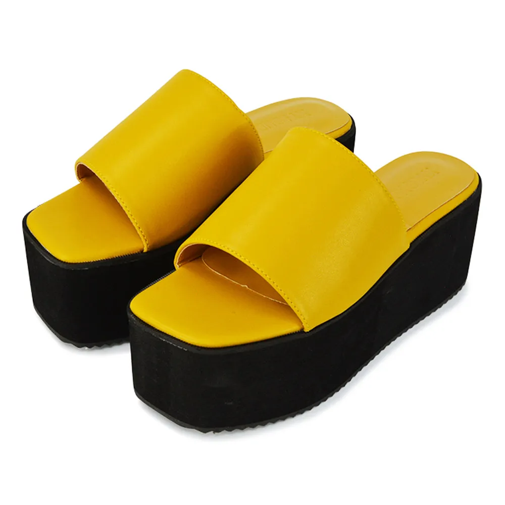 Kaiya Square Toe Slip on Flatform Sandal Slides in Yellow Synthetic Leather