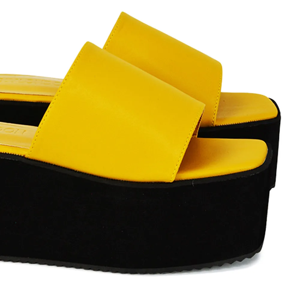 Kaiya Square Toe Slip on Flatform Sandal Slides in Yellow Synthetic Leather