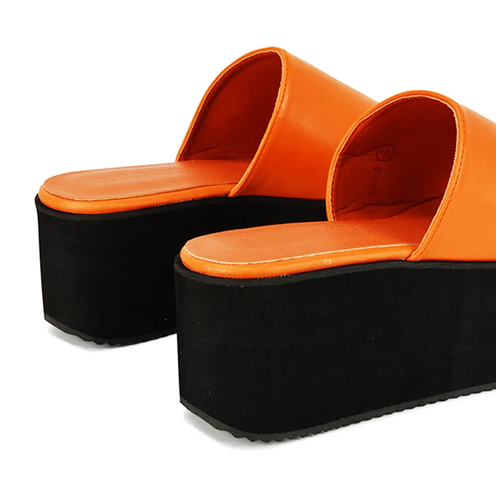 Kaiya Square Toe Slip on Flatform Sandal Slides in Yellow Synthetic Leather