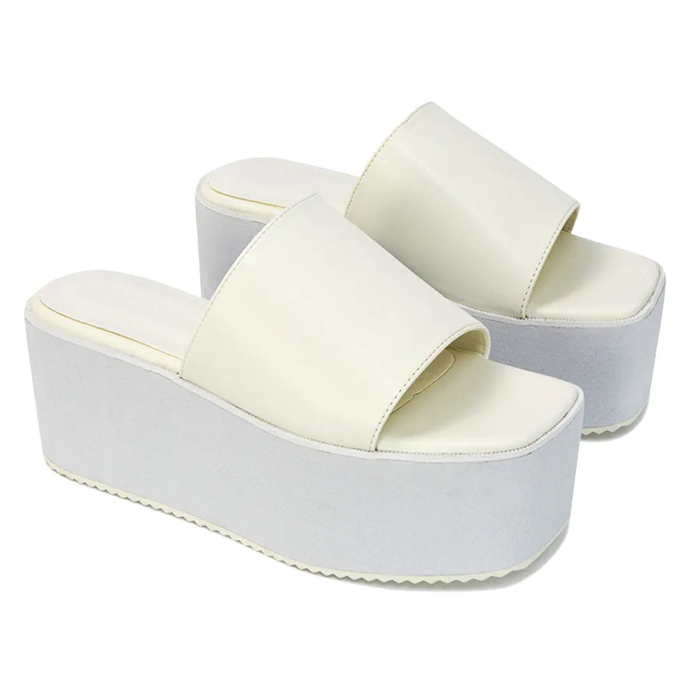 Kaiya Square Toe Slip on Flatform Sandal Slides in Yellow Synthetic Leather