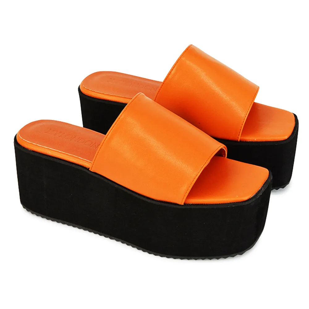 Kaiya Square Toe Slip on Flatform Sandal Slides in Yellow Synthetic Leather