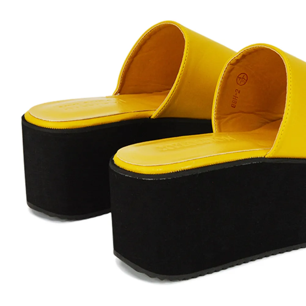 Kaiya Square Toe Slip on Flatform Sandal Slides in Yellow Synthetic Leather