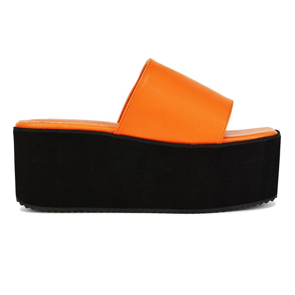 Kaiya Square Toe Slip on Flatform Sandal Slides in Yellow Synthetic Leather