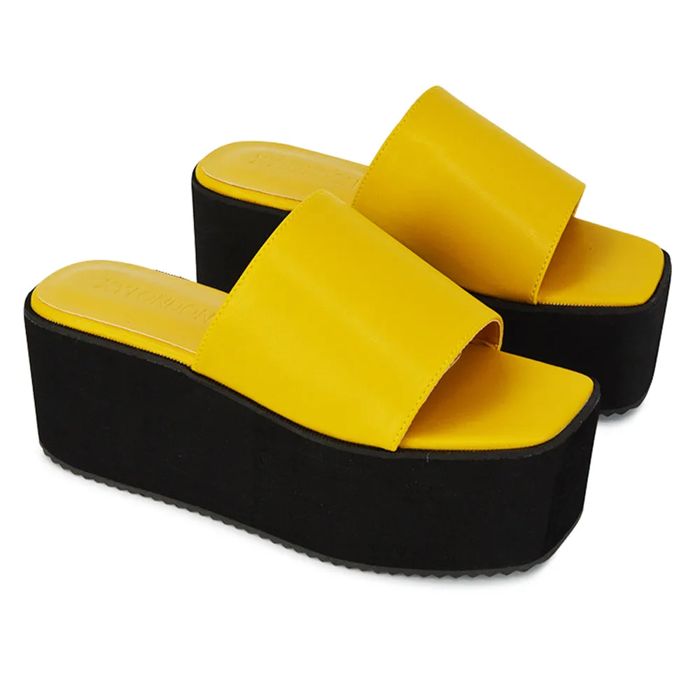 Kaiya Square Toe Slip on Flatform Sandal Slides in Yellow Synthetic Leather