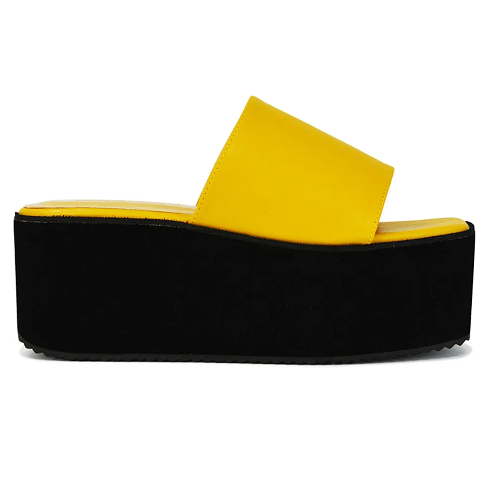 Kaiya Square Toe Slip on Flatform Sandal Slides in Yellow Synthetic Leather