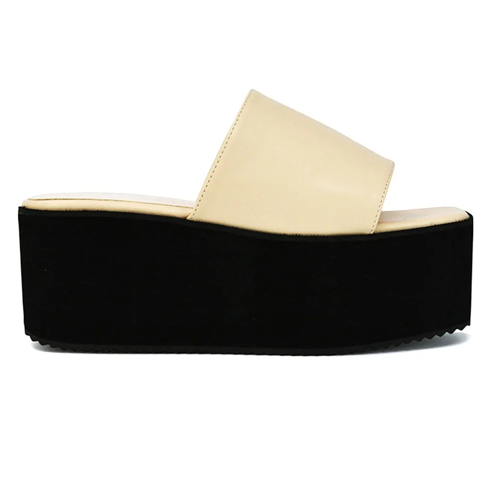 Kaiya Square Toe Slip on Flatform Sandal Slides in Yellow Synthetic Leather