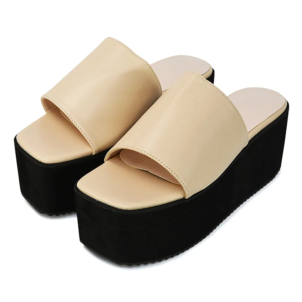 Kaiya Square Toe Slip on Flatform Sandal Slides in Yellow Synthetic Leather