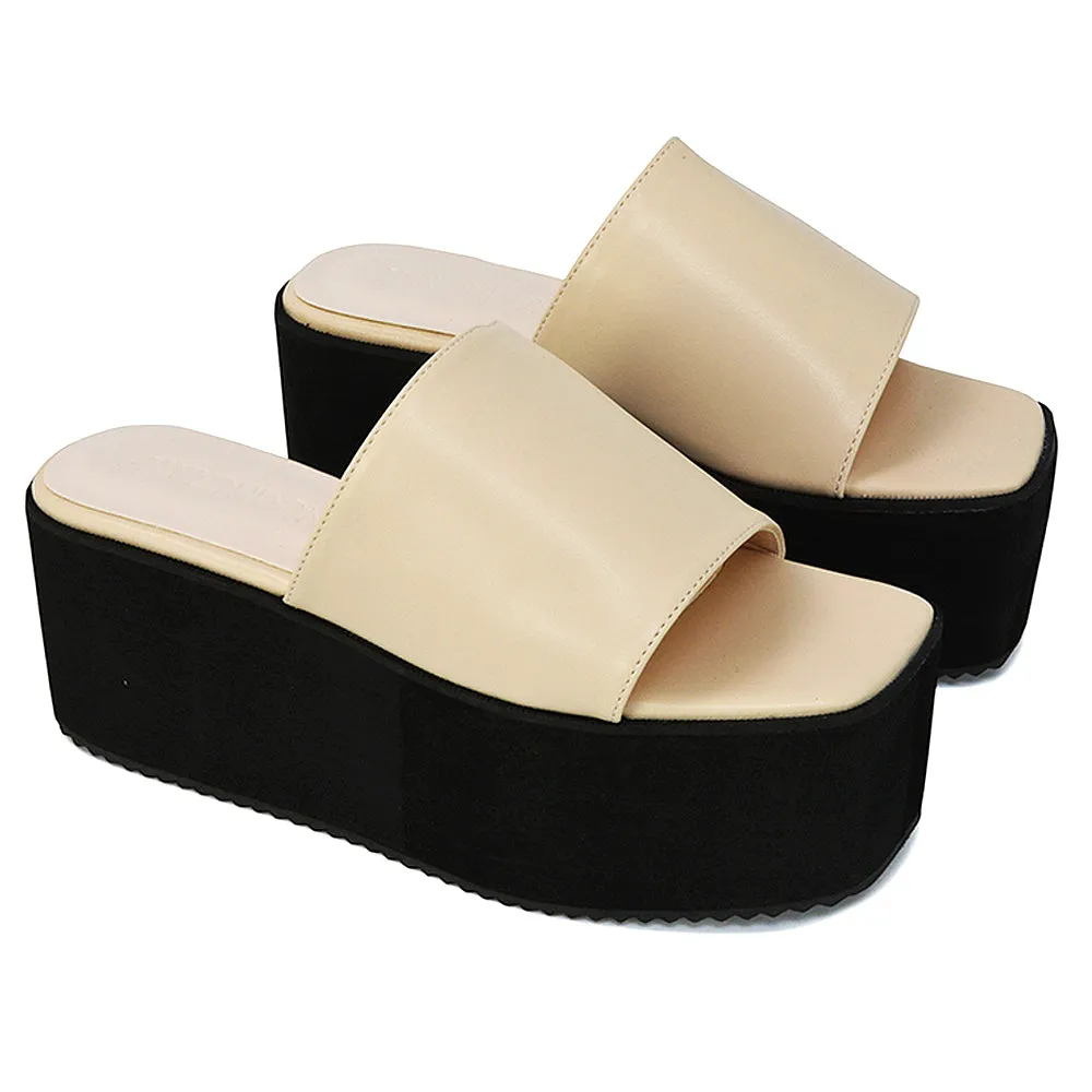 Kaiya Square Toe Slip on Flatform Sandal Slides in Yellow Synthetic Leather