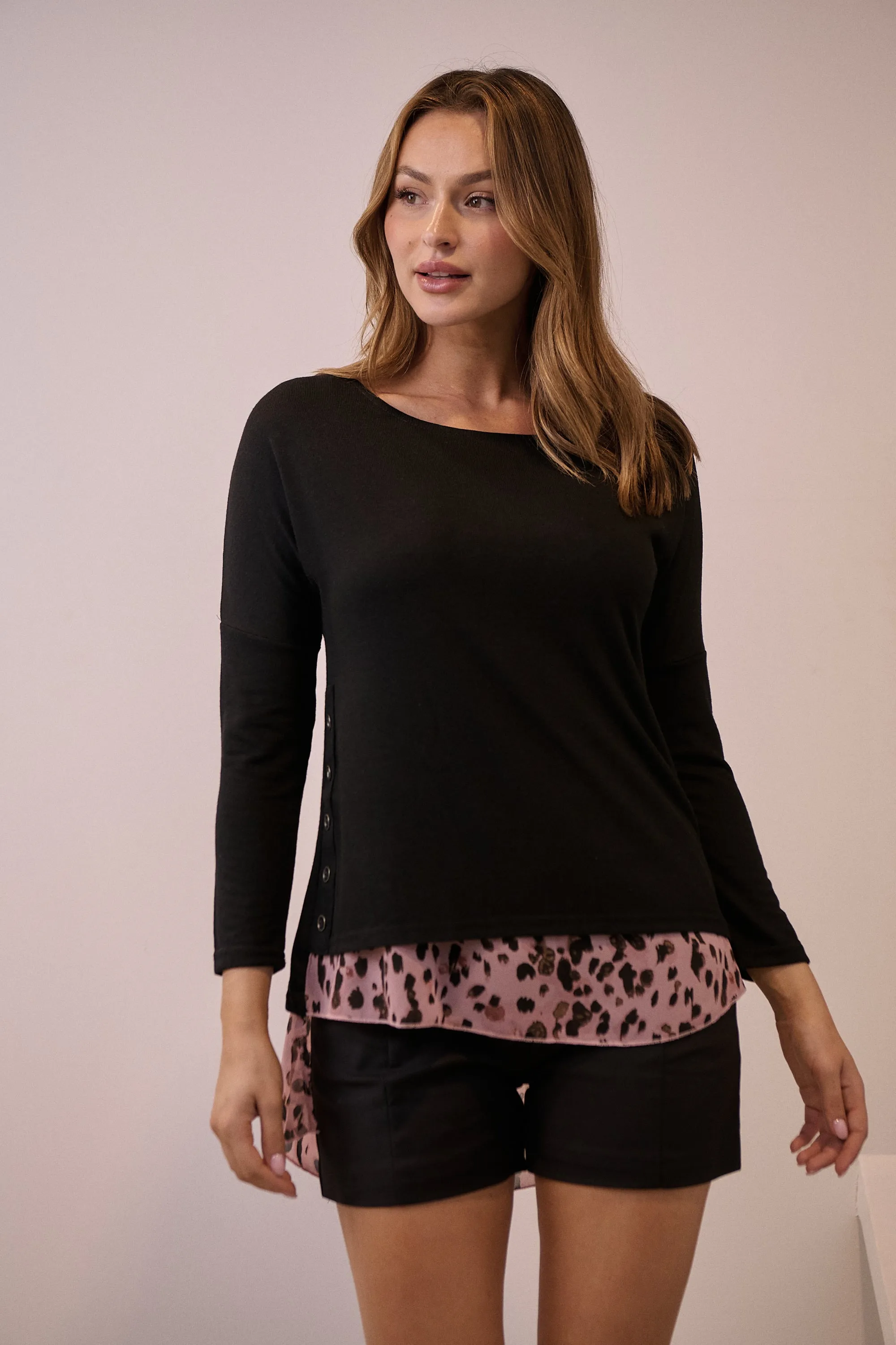 Kalani Long Sleeve Black/Pink Leopard Layered Top