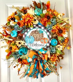 Large Leopard Pumpkin Fall Wreath, Floral Autumn