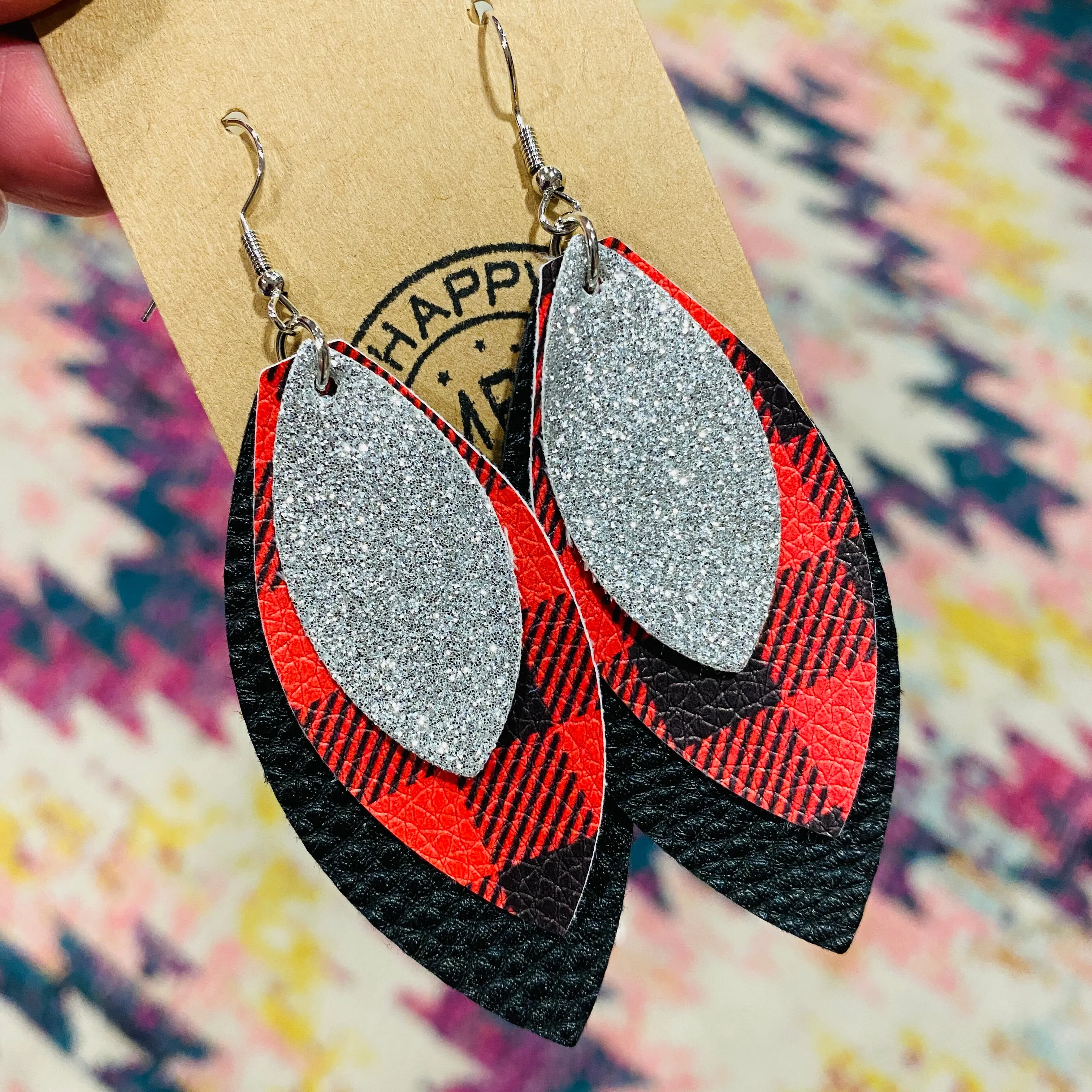 Layered plaid & glitter Faux Leather Earrings