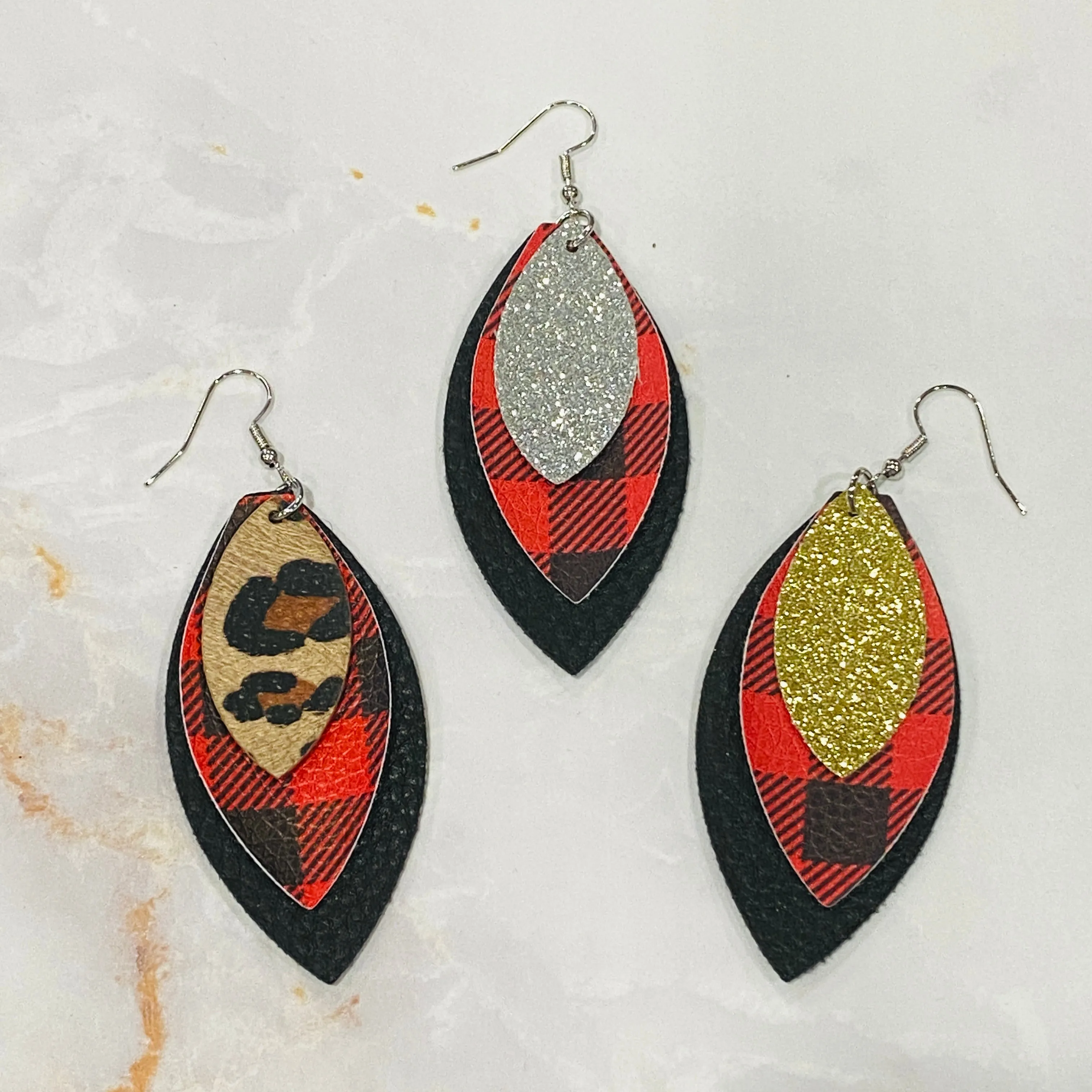 Layered plaid & glitter Faux Leather Earrings