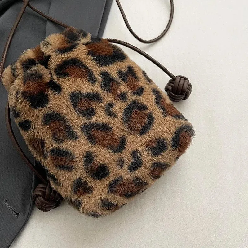 Leopard Mini Fux Fur Crossbody Bags Women Drawstring Soft Fuzzy Bucket Bags