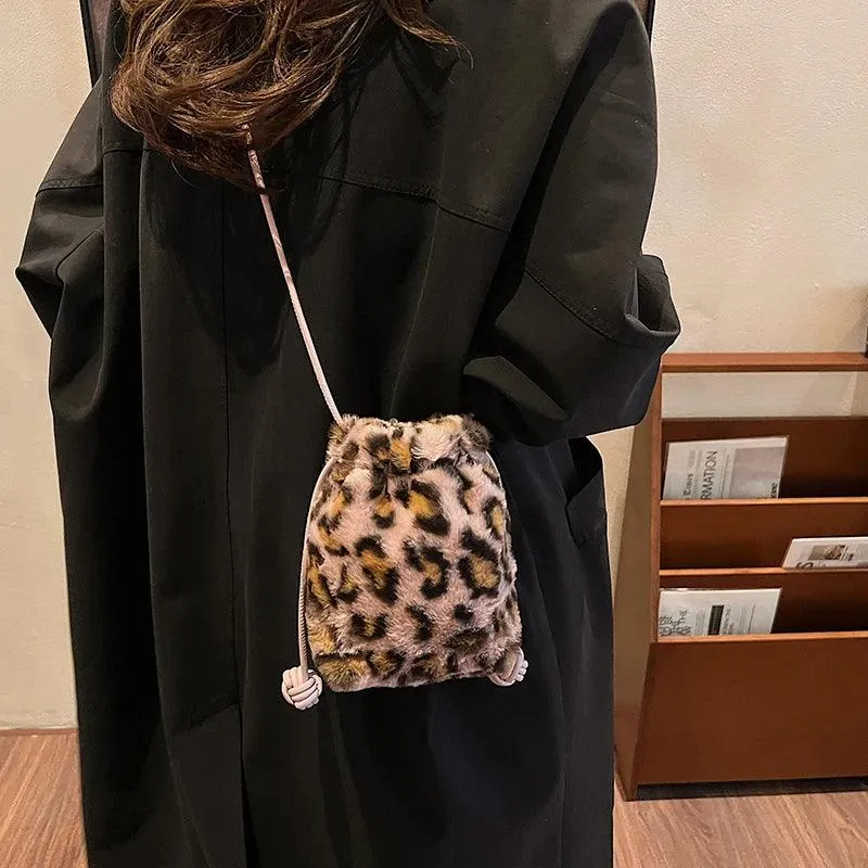 Leopard Mini Fux Fur Crossbody Bags Women Drawstring Soft Fuzzy Bucket Bags