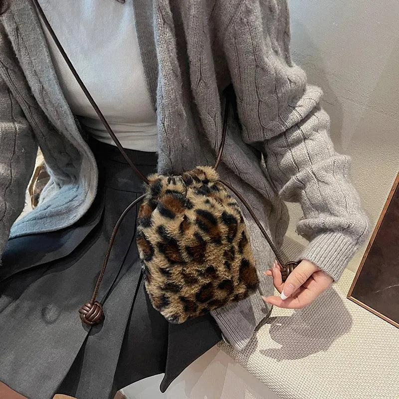 Leopard Mini Fux Fur Crossbody Bags Women Drawstring Soft Fuzzy Bucket Bags