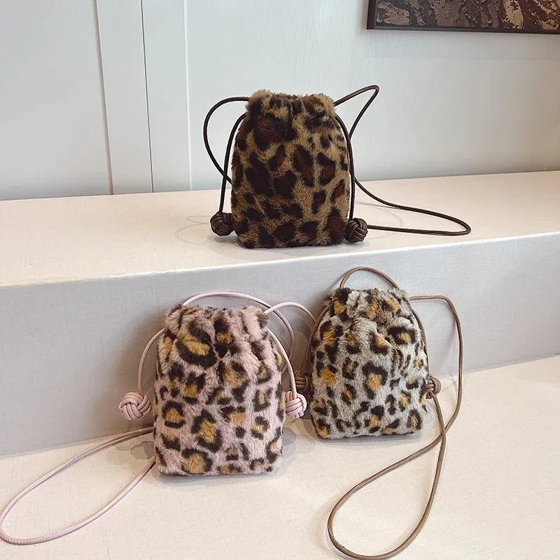 Leopard Mini Fux Fur Crossbody Bags Women Drawstring Soft Fuzzy Bucket Bags