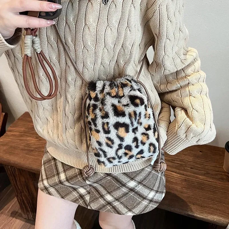 Leopard Mini Fux Fur Crossbody Bags Women Drawstring Soft Fuzzy Bucket Bags