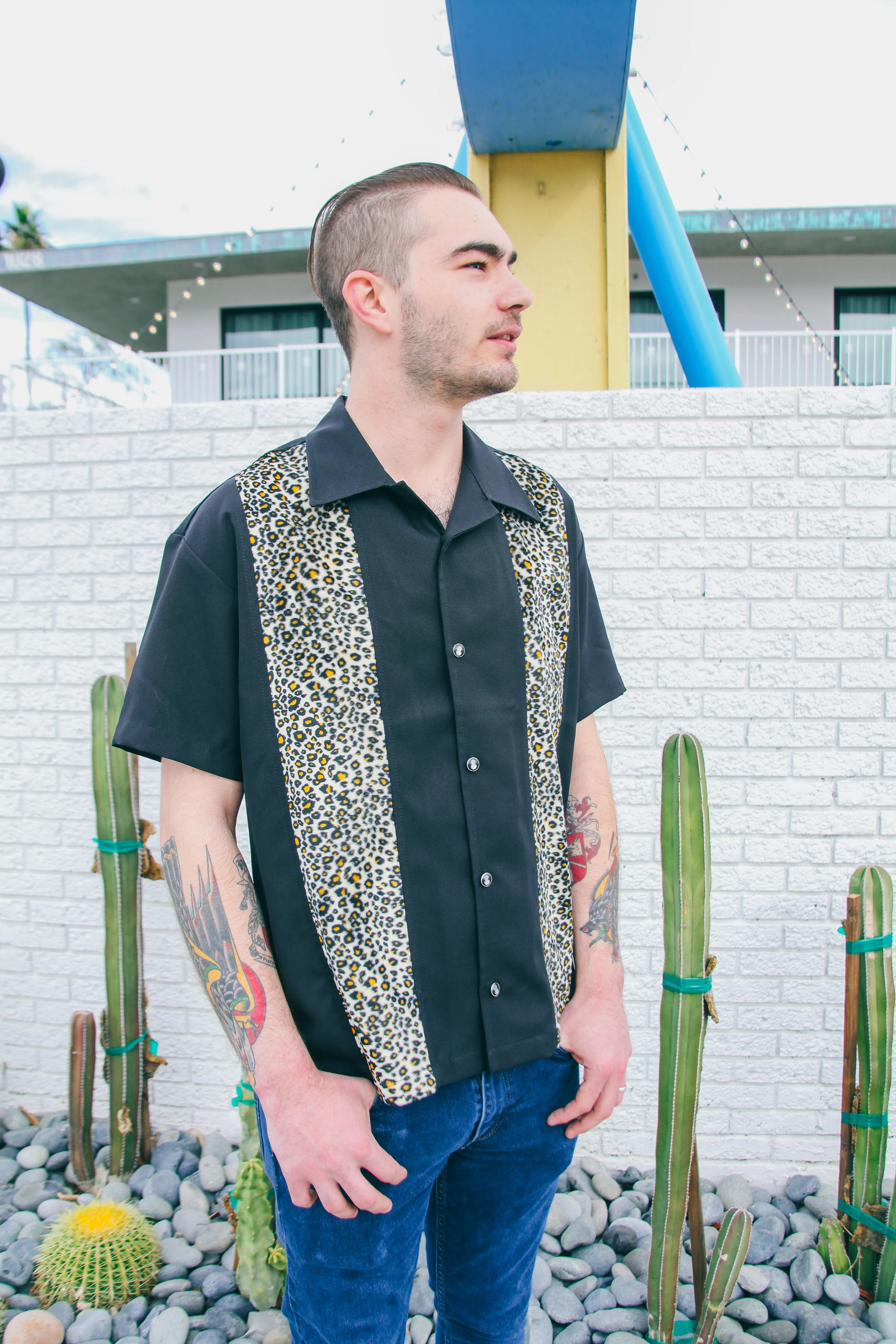 Leopard Panel Bowling Shirt in Black