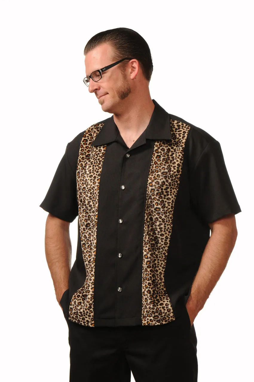 Leopard Panel Bowling Shirt in Black