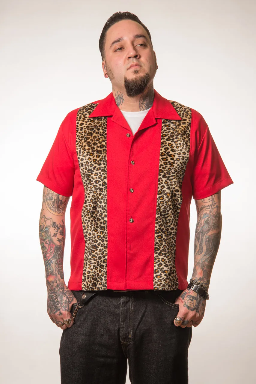 Leopard Panel Bowling Shirt in Red