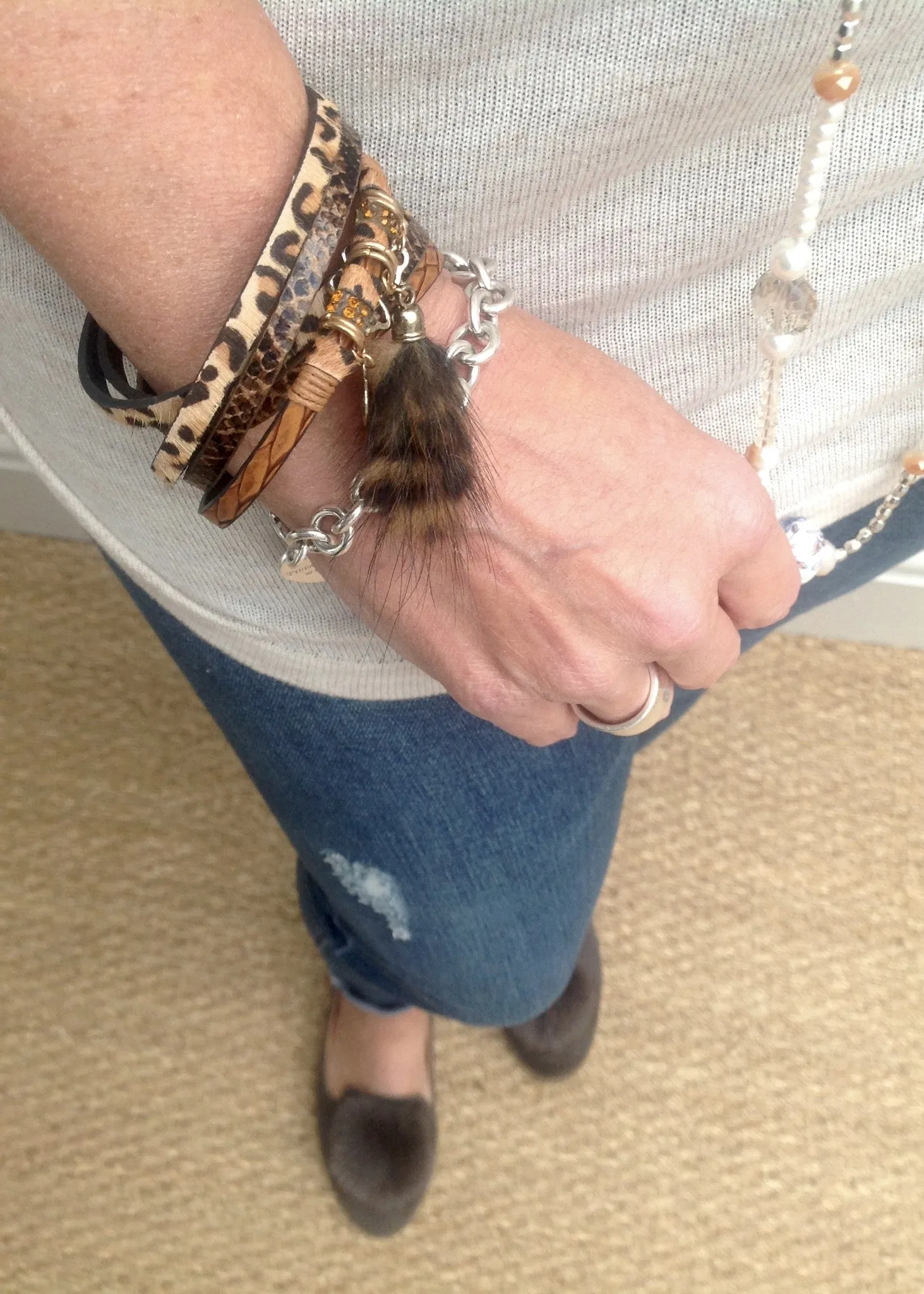 Leopard Print & Lucky Charm Double Wrap Bracelet in Caramels With Real Fur Tassel by Feathers Of Italy