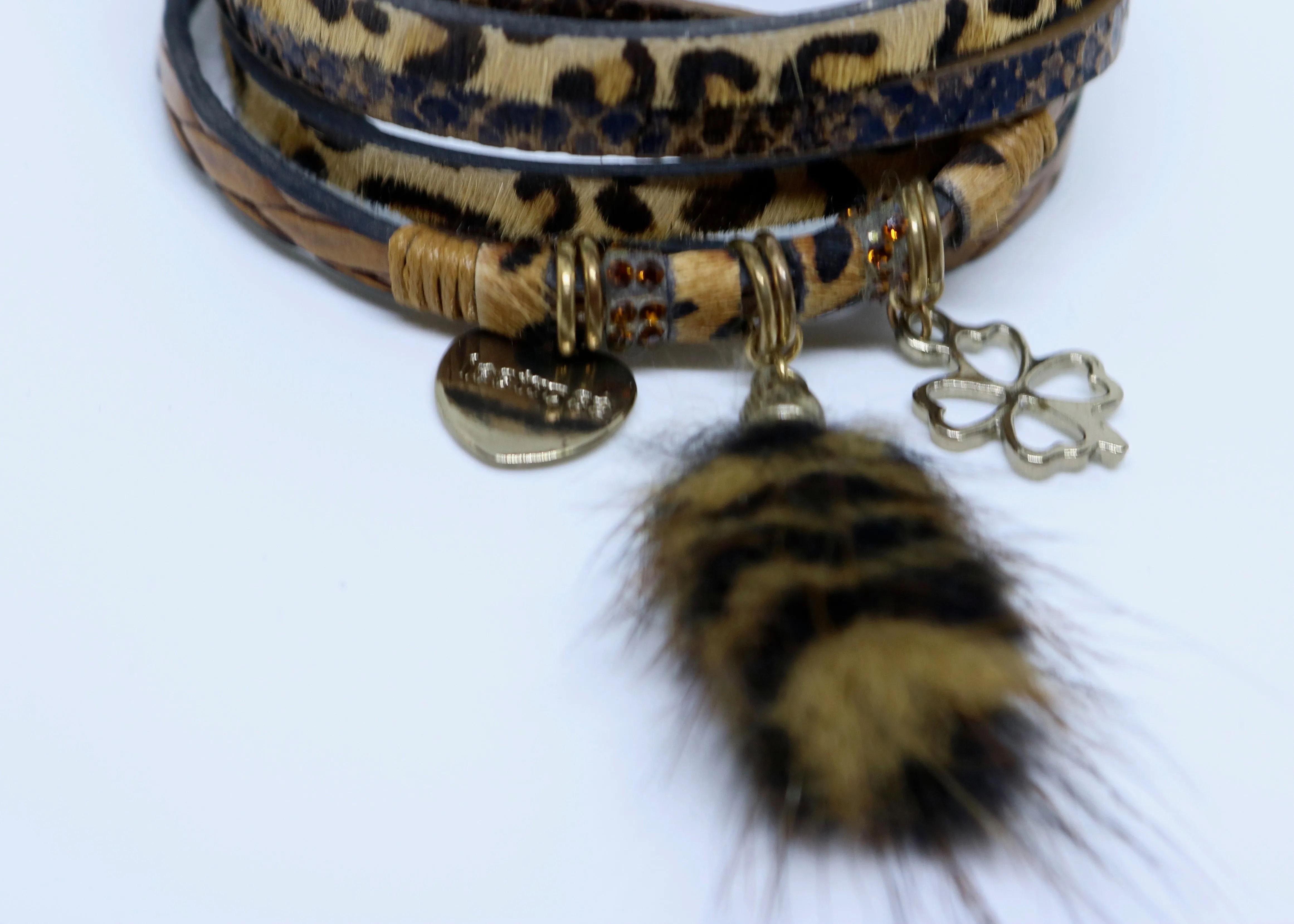 Leopard Print & Lucky Charm Double Wrap Bracelet in Caramels With Real Fur Tassel by Feathers Of Italy