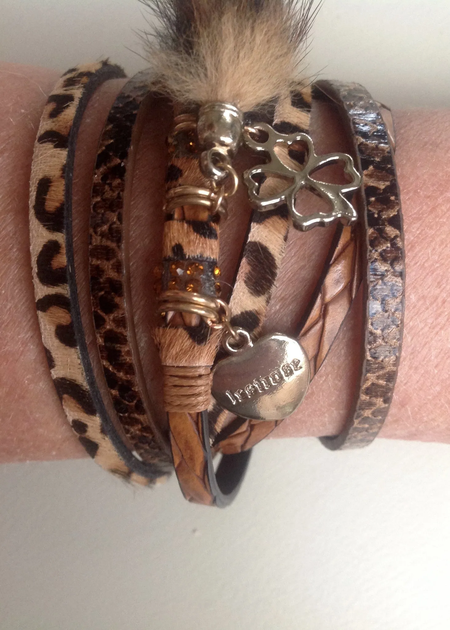 Leopard Print & Lucky Charm Double Wrap Bracelet in Caramels With Real Fur Tassel by Feathers Of Italy