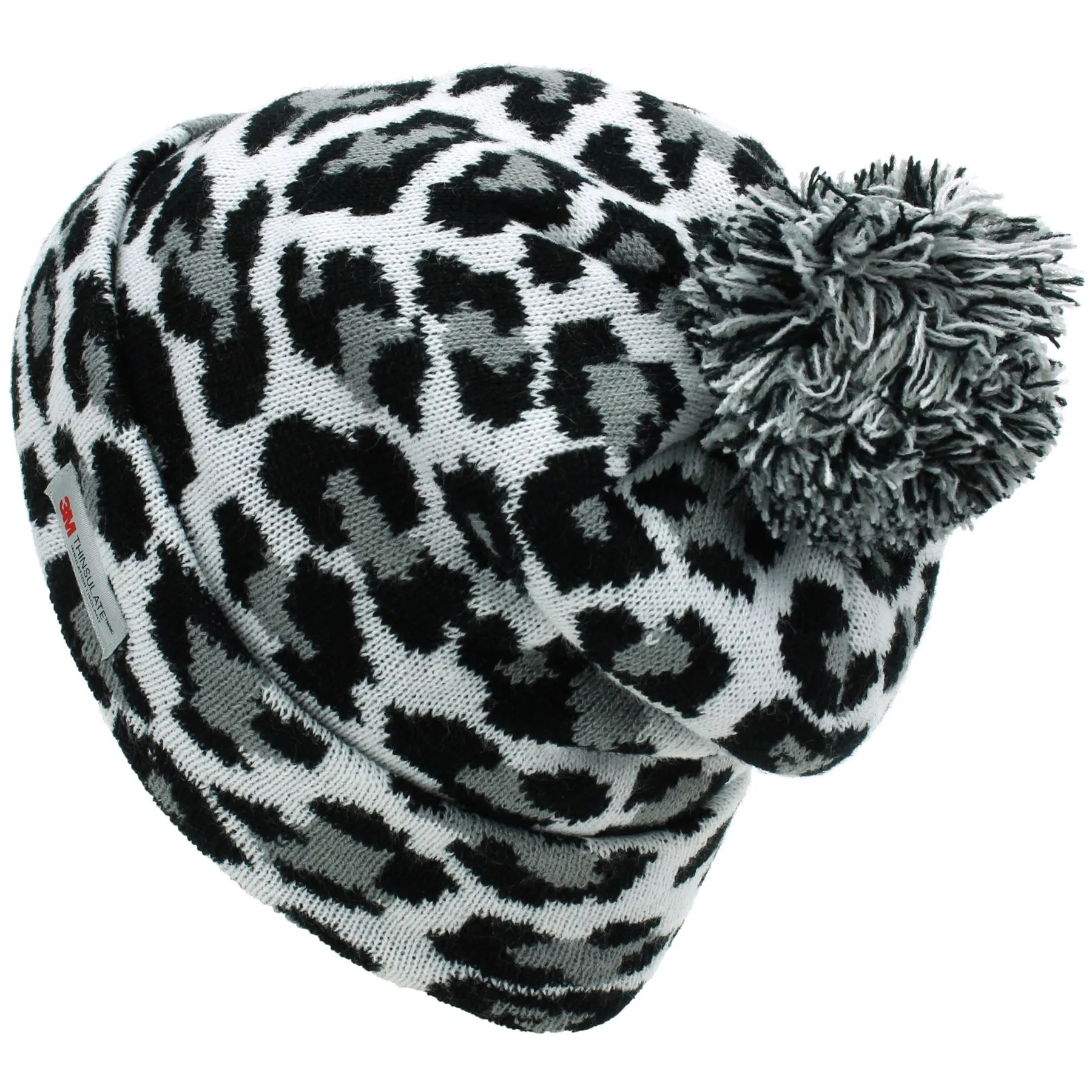 Leopard Print Beanie Hat with Bobble - White