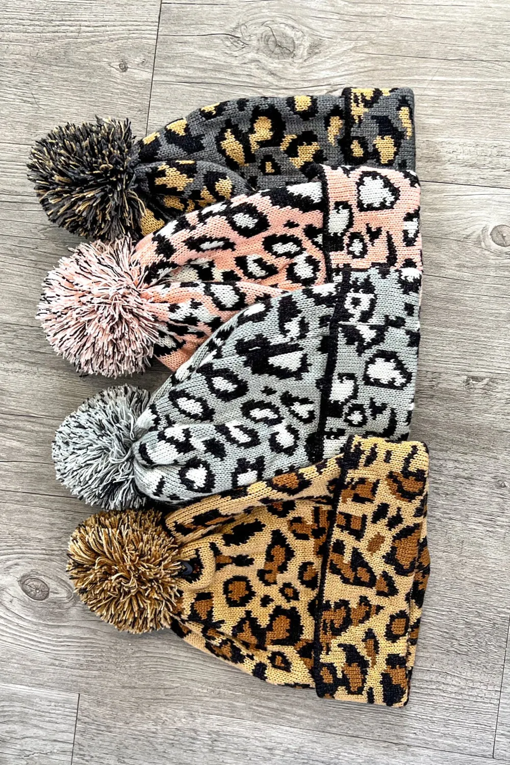 Leopard Print Beanie With Fur Puff On Top