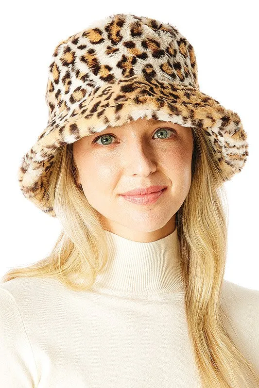 Leopard Print Faux Fur Bucket Hat