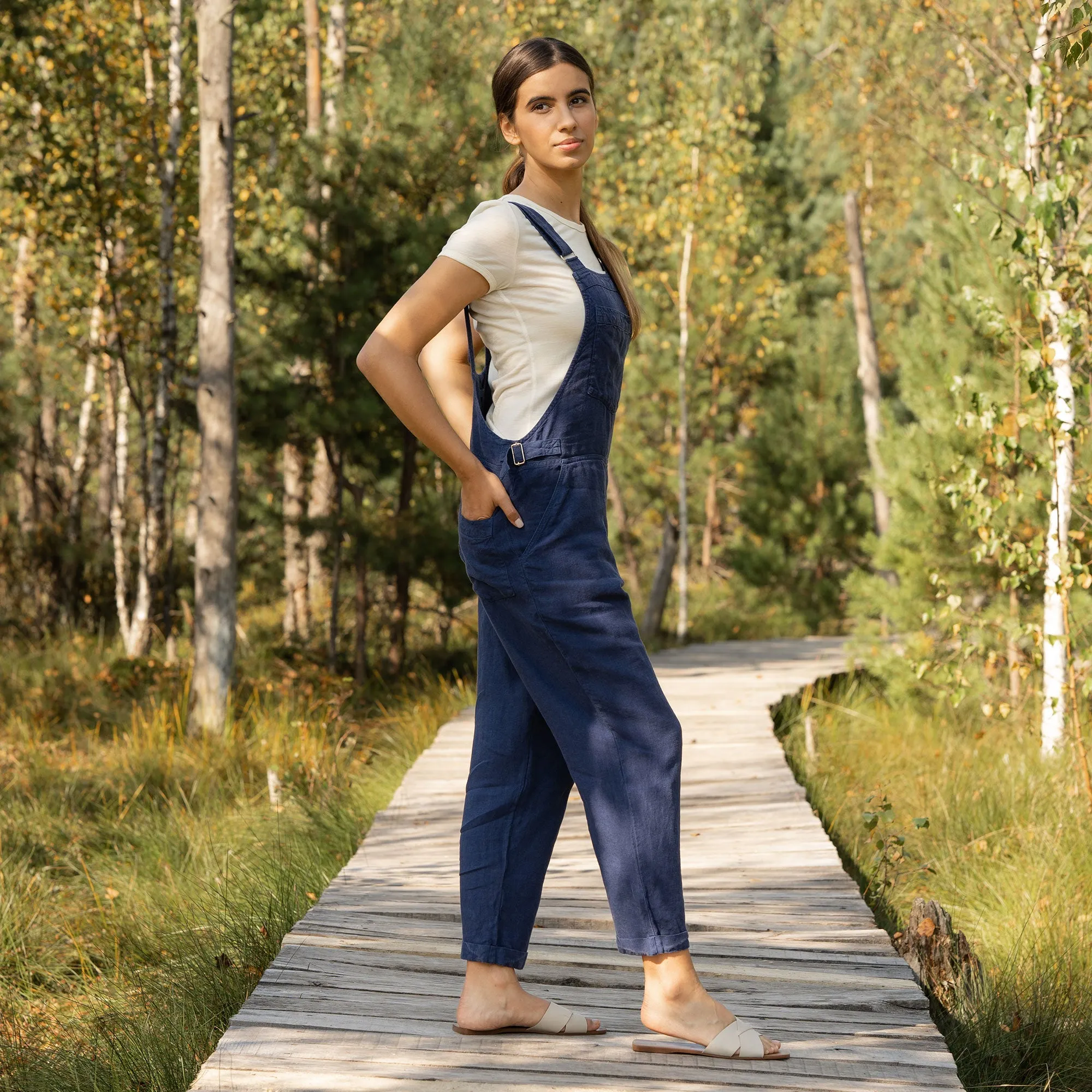 Linen Pinafore Jumpsuit Nicci Storm Blue