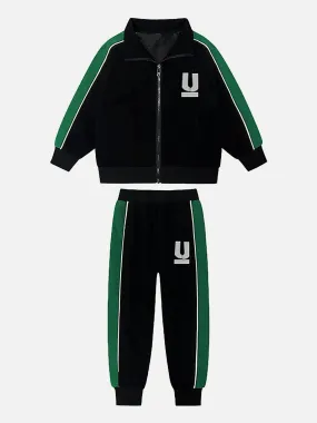 Little Surprise Box,Casual Black With Green Borer 2Pcs Track Suit Set For Kids & Tweens