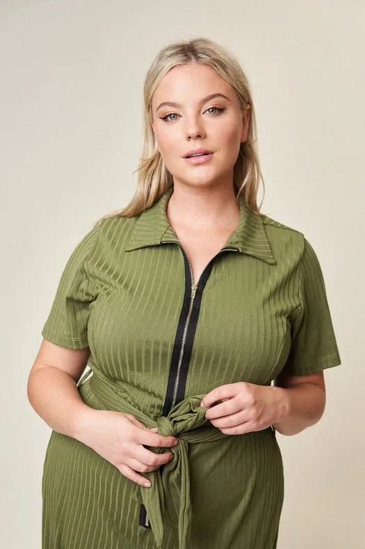 “Lucia" Knit Belted Jumpsuit in Olive