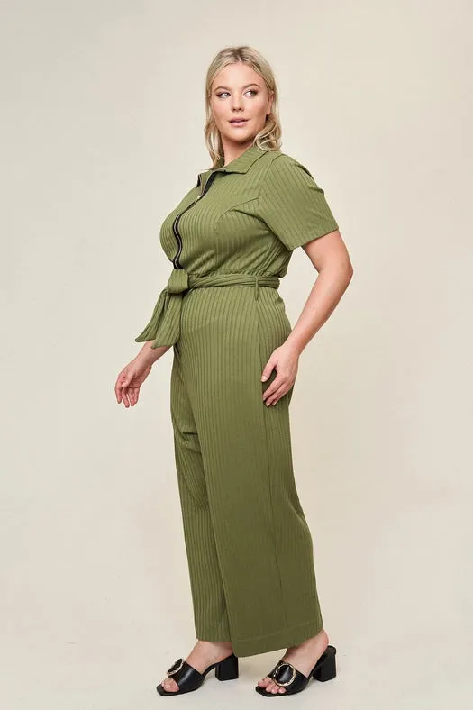 “Lucia" Knit Belted Jumpsuit in Olive