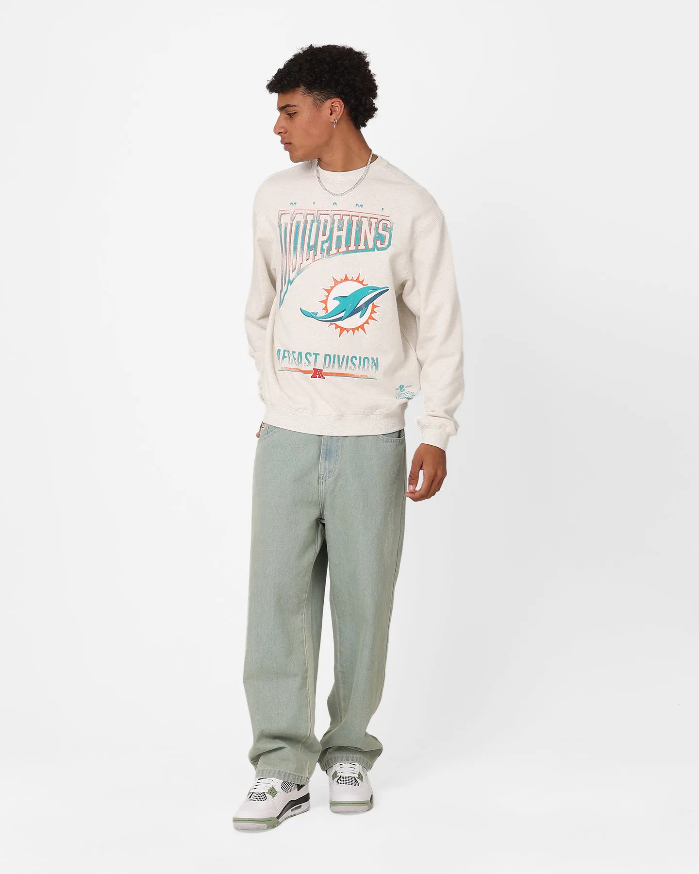 Majestic Athletic Miami Dolphins Arch Rise Crewneck Sweatshirt Vintage White Marle