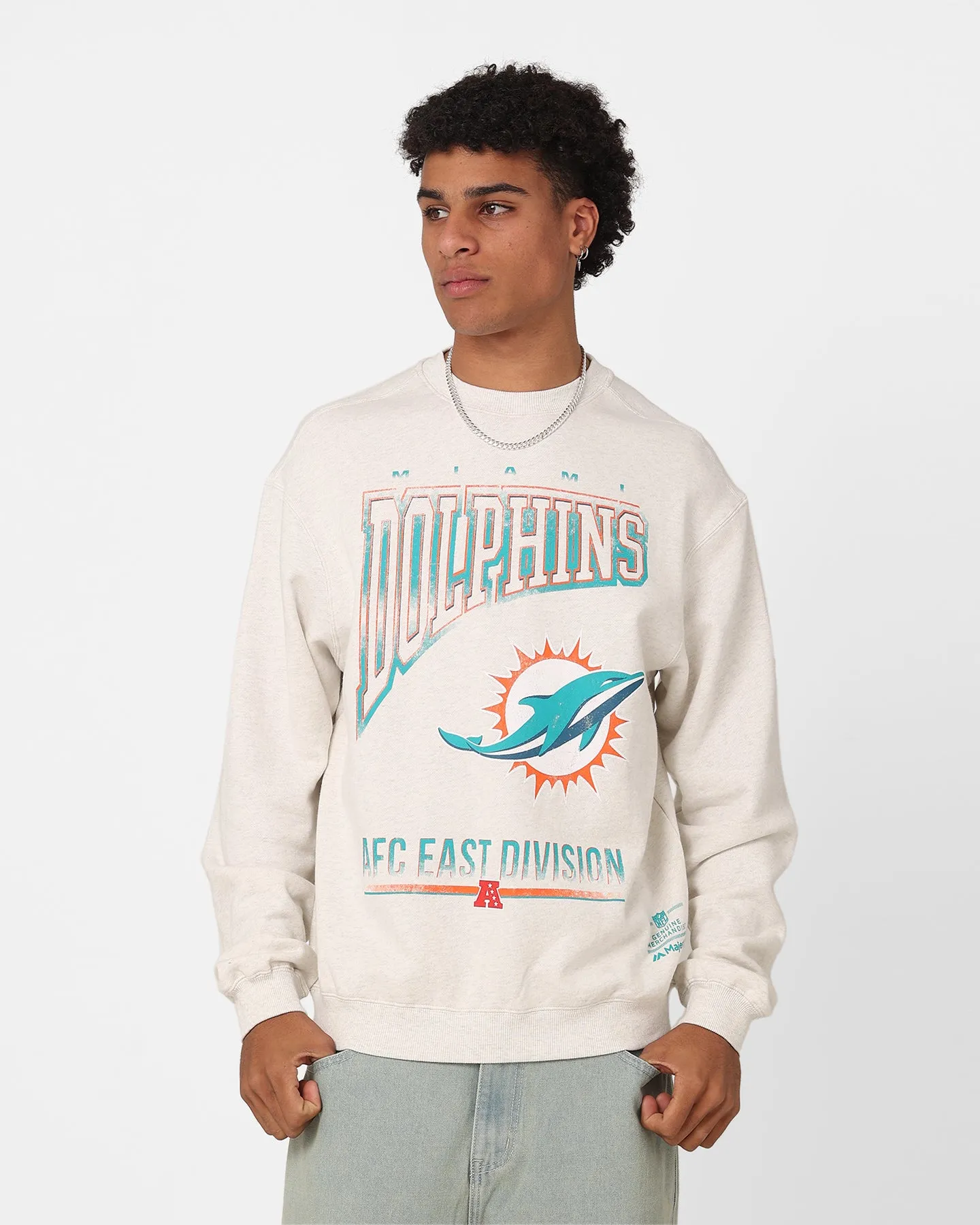 Majestic Athletic Miami Dolphins Arch Rise Crewneck Sweatshirt Vintage White Marle