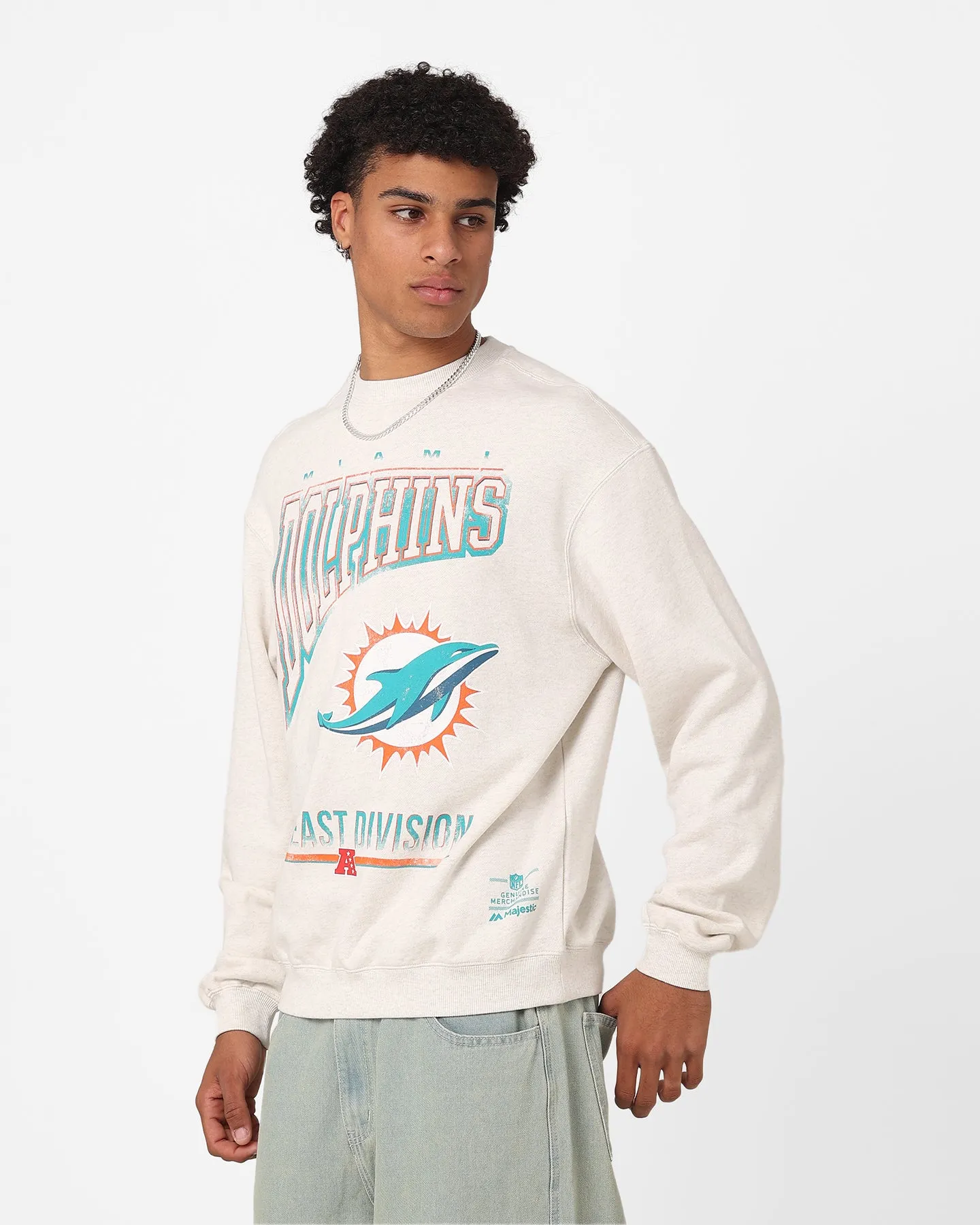 Majestic Athletic Miami Dolphins Arch Rise Crewneck Sweatshirt Vintage White Marle