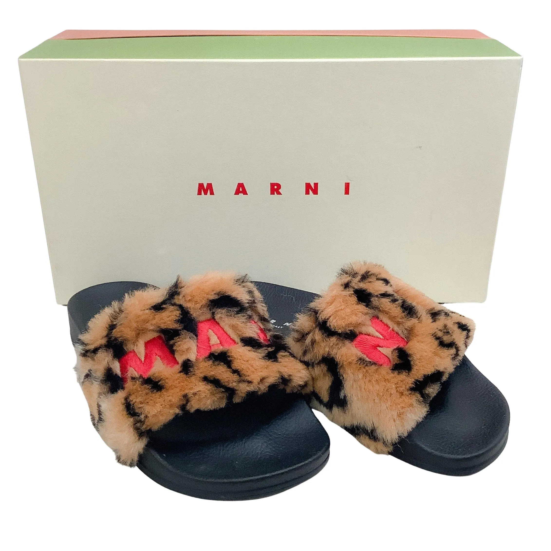 Marni Camel / Black Leopard Faux Fur Embroidered Logo Slide Sandals